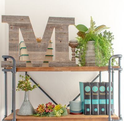 Image showing  Rustic Large Natural Decorative Monogram Wood Letter (M), 16 in., Weathered Gray