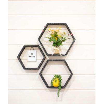 Barnwood USA Rustic Farmhouse Smoky Black Floating Hexagon Shelves (Set of 3)