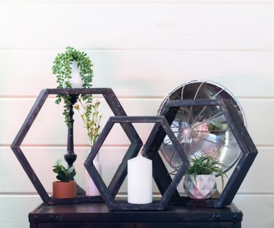 Image showing  Rustic Farmhouse Floating Hexagon Shelves, Smoky Black, 3 pc.
