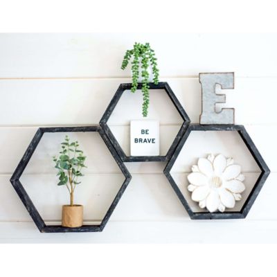 Image showing  Rustic Farmhouse Floating Hexagon Shelves, Smoky Black, 3 pc.