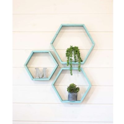 Barnwood USA Rustic Farmhouse Robins Egg Blue Floating Hexagon Shelves (Set of 3)