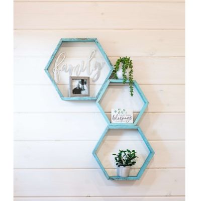 Image showing  Rustic Farmhouse Floating Hexagon Shelves, Robins Egg Blue, 3 pc.