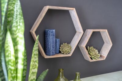 Image showing  Rustic Farmhouse Weathered Floating Hexagon Shelves, Gray, 3 pc.