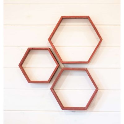 Image showing  Rustic Farmhouse Floating Hexagon Shelves, Rustic Red, 3 pc.