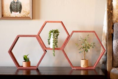 Image showing  Rustic Farmhouse Floating Hexagon Shelves, Rustic Red, 3 pc.
