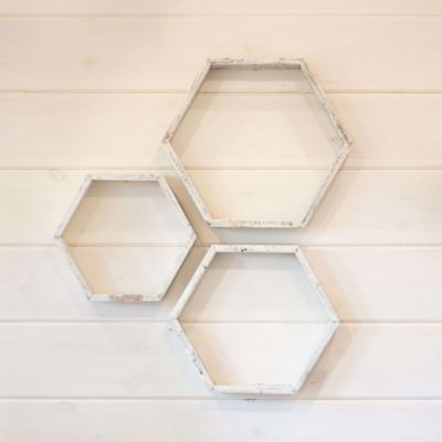 Image showing  Rustic Farmhouse Floating Hexagon Shelves, White Wash, 3 pc.