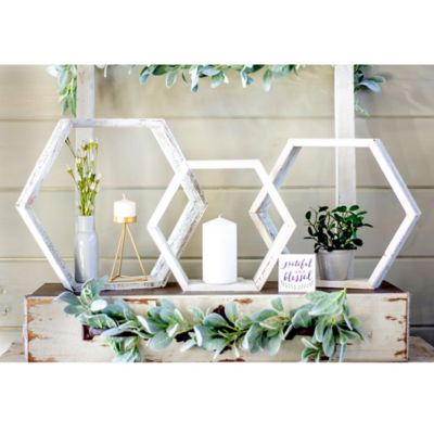 Image showing  Rustic Farmhouse Floating Hexagon Shelves, White Wash, 3 pc.