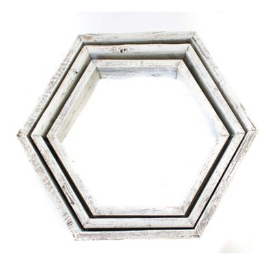 Image showing  Rustic Farmhouse Floating Hexagon Shelves, White Wash, 3 pc.