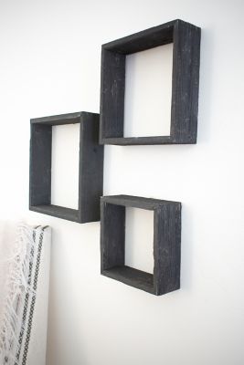 Image showing  Rustic Farmhouse Reclaimed Wooden Open Square Wall Shelves, Smoky Black, 3 pc.