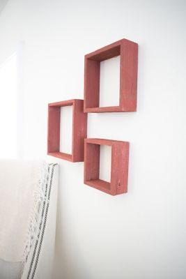 Image showing  Rustic Farmhouse Reclaimed Wooden Open Square Wall Shelves, Rustic Red, 3 pc.