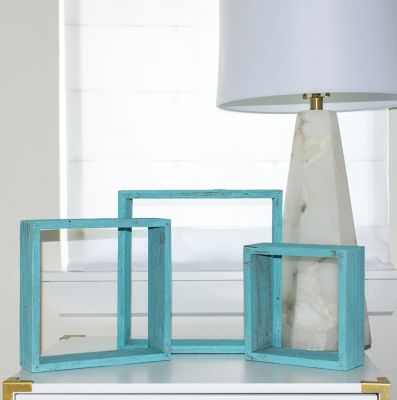Image showing  Rustic Farmhouse Reclaimed Wooden Open Square Wall Shelves, Turquoise, 3 pc.