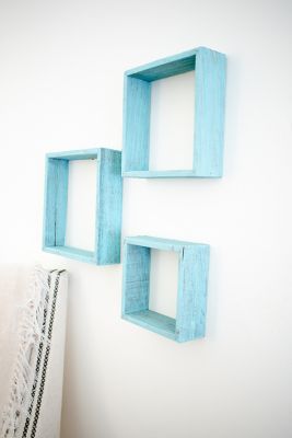 Image showing  Rustic Farmhouse Reclaimed Wooden Open Square Wall Shelves, Turquoise, 3 pc.
