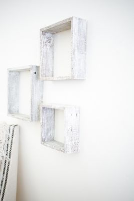 Image showing  Rustic Farmhouse Reclaimed Wooden Open Square Wall Shelves, White Wash, 3 pc.