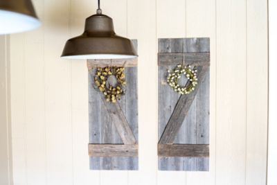 Image showing  Rustic Farmhouse Weathered Gray Reclaimed Wooden Decorative Shutters, 36 in. x 13 in., 2 pc.