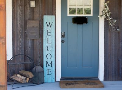 Image showing 5 th Barnwood USA Rustic Farmhouse 5 ft. Robins Egg Blue Vertical Front Porch Welcome Sign