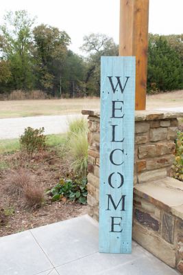 Image showing 8 th Barnwood USA Rustic Farmhouse 5 ft. Robins Egg Blue Vertical Front Porch Welcome Sign