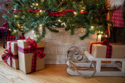 Image showing 6 th Barnwood USA 22.5 in. x 14.5 in. Rustic Farmhouse Reclaimed Wood Christmas Tree Box Collar, White Wash