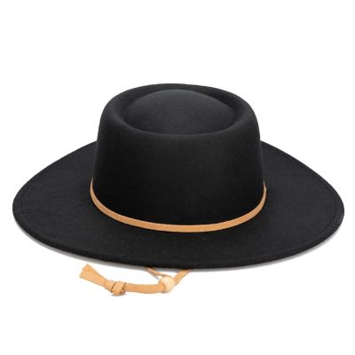 Image showing  Women's Faux Felt Boater Hat with Faux Leather Chin Cord