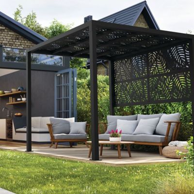 Image showing  8 ft. x 8 ft. Pergola and Side Wall with Sanibel Decorative Screen Panels, Matte Black