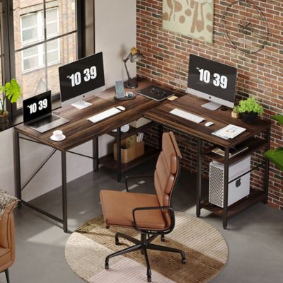 Bestier Home Office 59 in. Reversible Corner L Shaped Desk with Shelves, Or 95 in. 2 Person Long Workstation