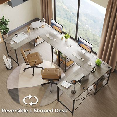 Image showing  Home Office 59 in. Reversible Corner L-Shaped Desk with 4 Shelves or 95 in. 2-Person Long Workstation