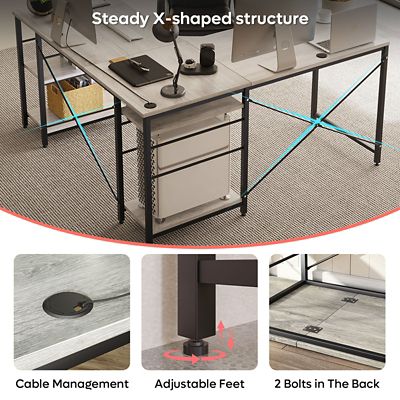 Image showing  Home Office 59 in. Reversible Corner L-Shaped Desk with 4 Shelves or 95 in. 2-Person Long Workstation