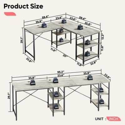 Image showing  Home Office 59 in. Reversible Corner L-Shaped Desk with 4 Shelves or 95 in. 2-Person Long Workstation