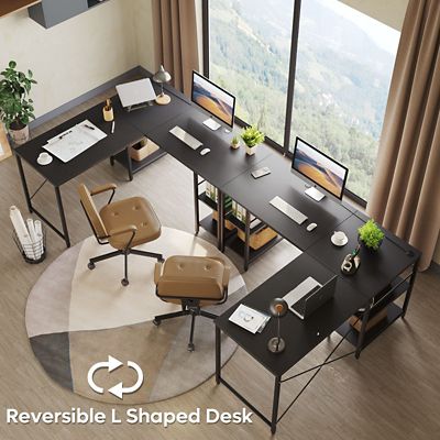 Image showing  Home Office 59 in. Reversible Corner L-Shaped Desk with 4 Shelves or 95 in. 2-Person Long Workstation