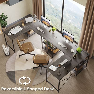 Image showing  Home Office 59 in. Reversible Corner L-Shaped Desk with 4 Shelves or 95 in. 2-Person Long Workstation