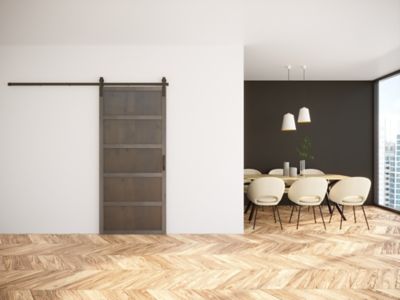 Image showing  36 in. x 84 in. Paneled Wood Finish Barn Door with Installation Hardware Kit, DFIVE3684GASHNONEHARD