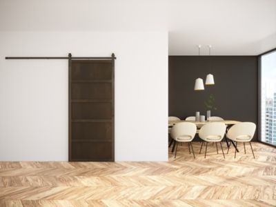 Image showing  36 in. x 84 in. Paneled Wood Finish Barn Door with Installation Hardware Kit, DFIVE3684NGHTNONEHARD