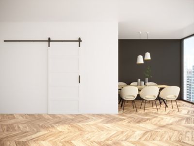 Image showing  36 in. x 84 in. White Paneled Wood Finish Barn Door with Installation Hardware Kit