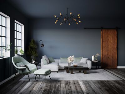 Image showing  Herringbone Wood Finish Barn Door with Installation Hardware Kit, DHERR3684WALNNONEHARD