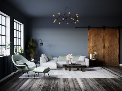 Image showing  Herringbone Wood Finish Barn Door with Installation Hardware Kit, DHERR4284DKCHNONEDBHD