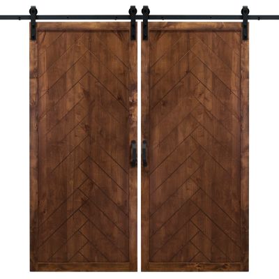 Dogberry Collections Herringbone Wood Finish Barn Door with Installation Hardware Kit, DHERR4284WALNNONEDBHD