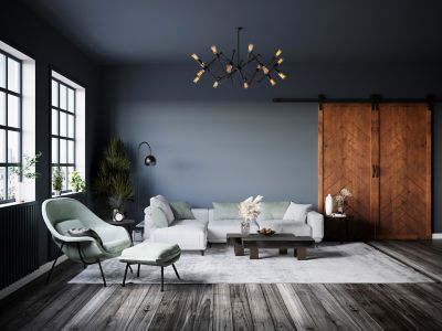 Image showing  42 in. x 84 in. Herringbone Wood Finish Barn Door with Installation Hardware Kit, DHERR4284WALNNONEDBHD