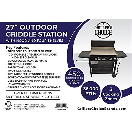 Griller's Choice Outdoor Griddle Grill Propane Flat Top - Hood Included,  Large Flat Top Grill, 2-in