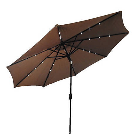 Hiland AZ Patio Heaters Solar Market Umbrella with LED Lights in Tan with Base, MKC-UMB-T