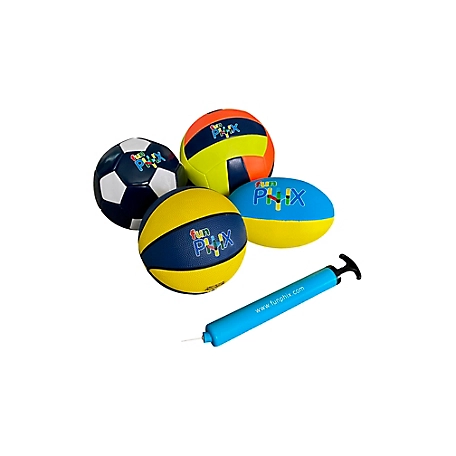 Funphix Set of 4 Balls - Soccer, Rugby, Basketball, Volleyball (Pump Included)