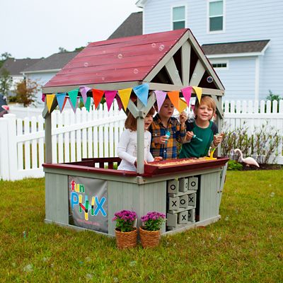 Image showing  Hangout Hut, Kids Outdoor Wooden Playhouse with Sandbox & Tic Tac Toe