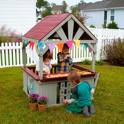 Image showing  Hangout Hut, Kids Outdoor Wooden Playhouse with Sandbox & Tic Tac Toe