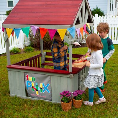 Image showing  Hangout Hut, Kids Outdoor Wooden Playhouse with Sandbox & Tic Tac Toe