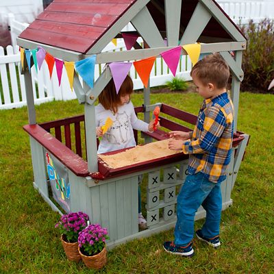 Image showing  Hangout Hut, Kids Outdoor Wooden Playhouse with Sandbox & Tic Tac Toe