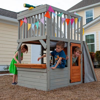 Funphix Lookout Post Outdoor Wooden Playhouse, Buildable Kids Backyard Playset with Climbing Ramp, WPHX-2202