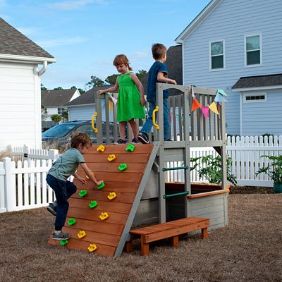Image showing  Lookout Post Outdoor Wooden Playhouse, Buildable Kids Backyard Playset with Climbing Ramp