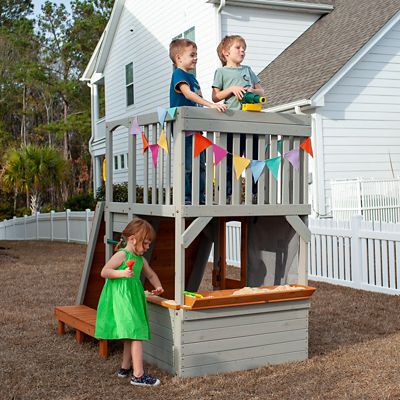 Image showing 5 th Funphix Lookout Post Outdoor Wooden Playhouse, Buildable Kids Backyard Playset with Climbing Ramp