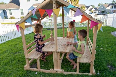 Funphix Kids Klubhouse Wooden Playhouse Outdoor Indoor, DIY Backyard Playhouse with Table & Benches, WPHX-2203
