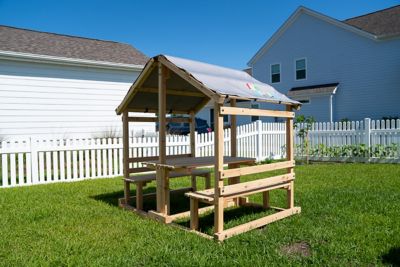 Image showing  Kids Klubhouse Wooden Playhouse Outdoor Indoor, DIY Backyard Playhouse with Table & Benches