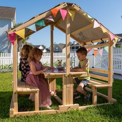 Image showing  Kids Klubhouse Wooden Playhouse Outdoor Indoor, DIY Backyard Playhouse with Table & Benches