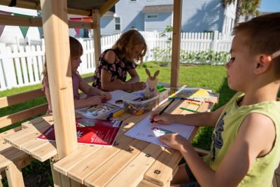 Image showing  Kids Klubhouse Wooden Playhouse Outdoor Indoor, DIY Backyard Playhouse with Table & Benches